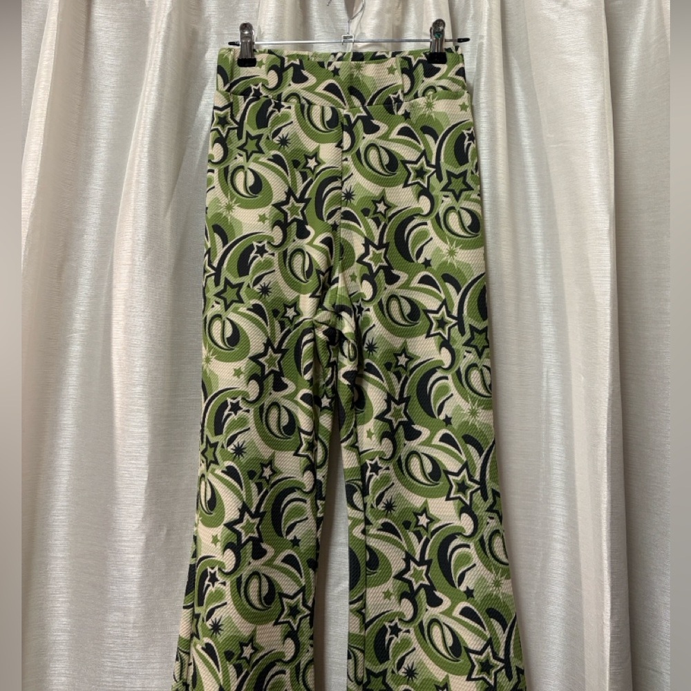 Dolls Kill BADEE Milky Way Groovy Swirl Flare Pants Cropped M Green Black Y2K - Picture 5 of 10